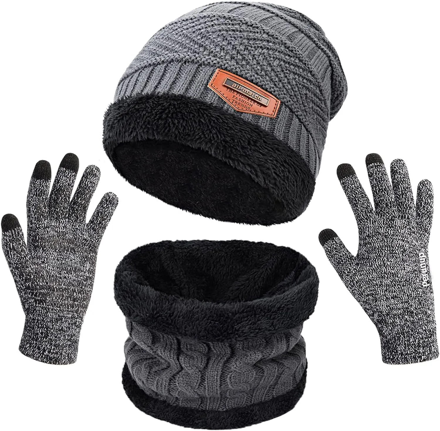 Winter Knit Beanie Hat Neck Warmer Scarf and Touch Screen Gloves for Men Women  Set of 2