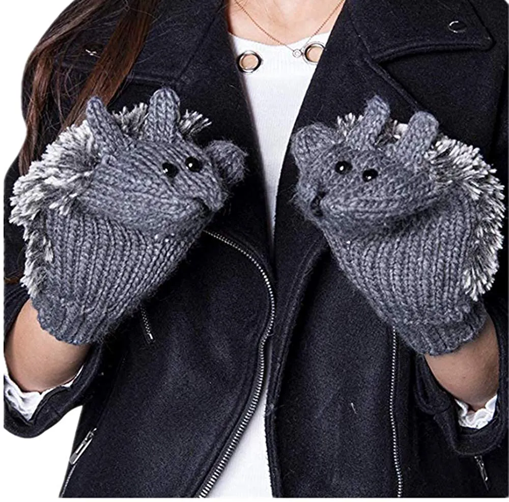 YouZi Women's Cartoon Hedgehog Winter Cotton Gloves Girls' Thick Mittens